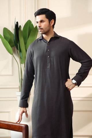 Dark Brown Linen Slub Kameez Shalwar (2-Piece) - Image 3