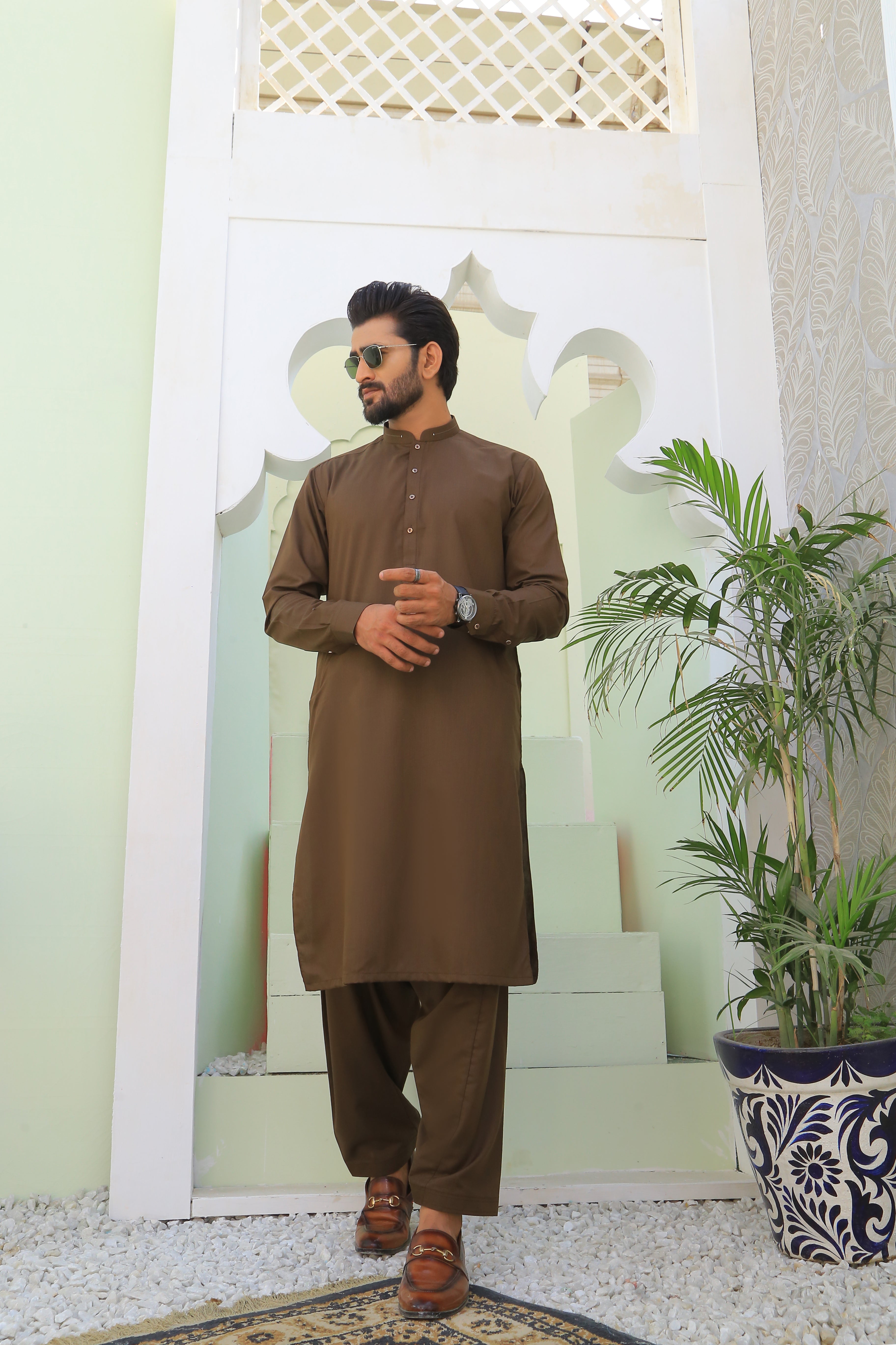 Brown Textured Kameez Shalwar (2-Piece) - Image 1