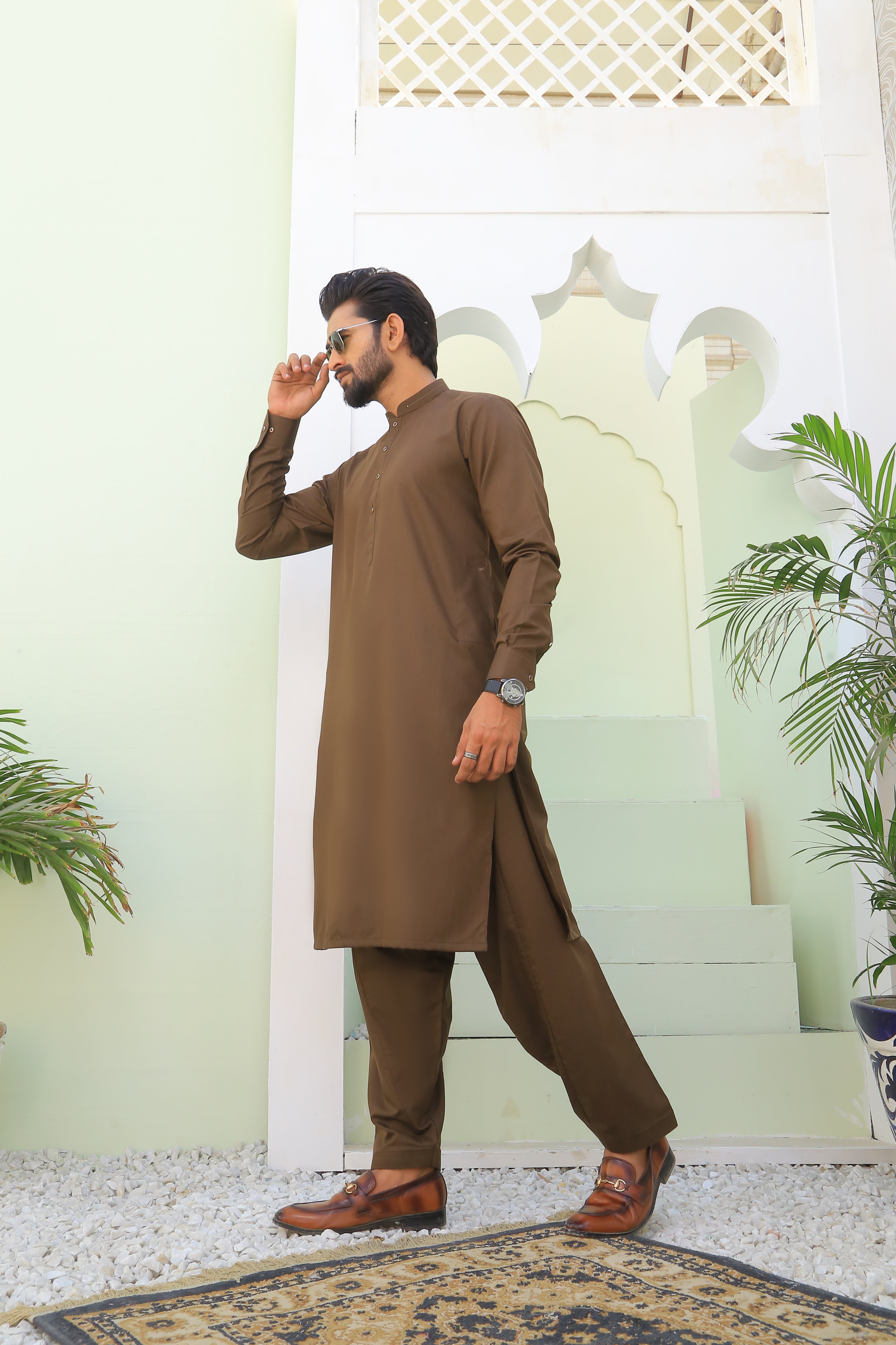 Brown Textured Kameez Shalwar (2-Piece) - Image 4