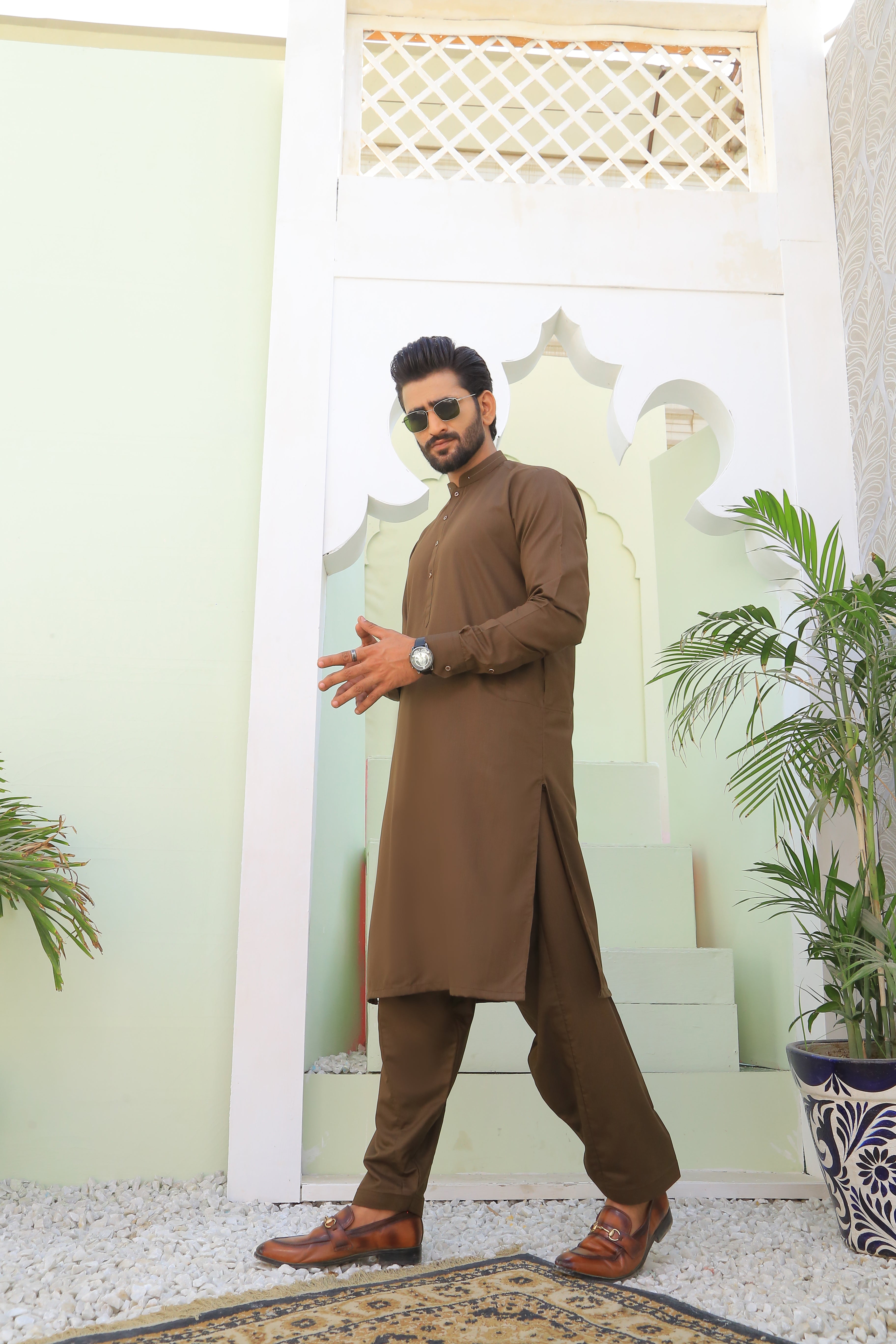 Brown Textured Kameez Shalwar (2-Piece) - Image 7