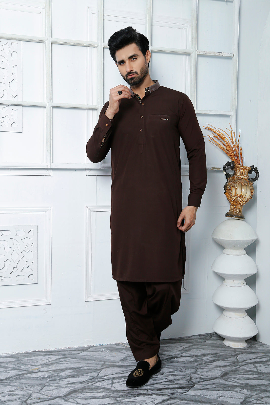 Brown Embellished Poly Viscose Shalwar Kameez (2-Piece) - Image 1