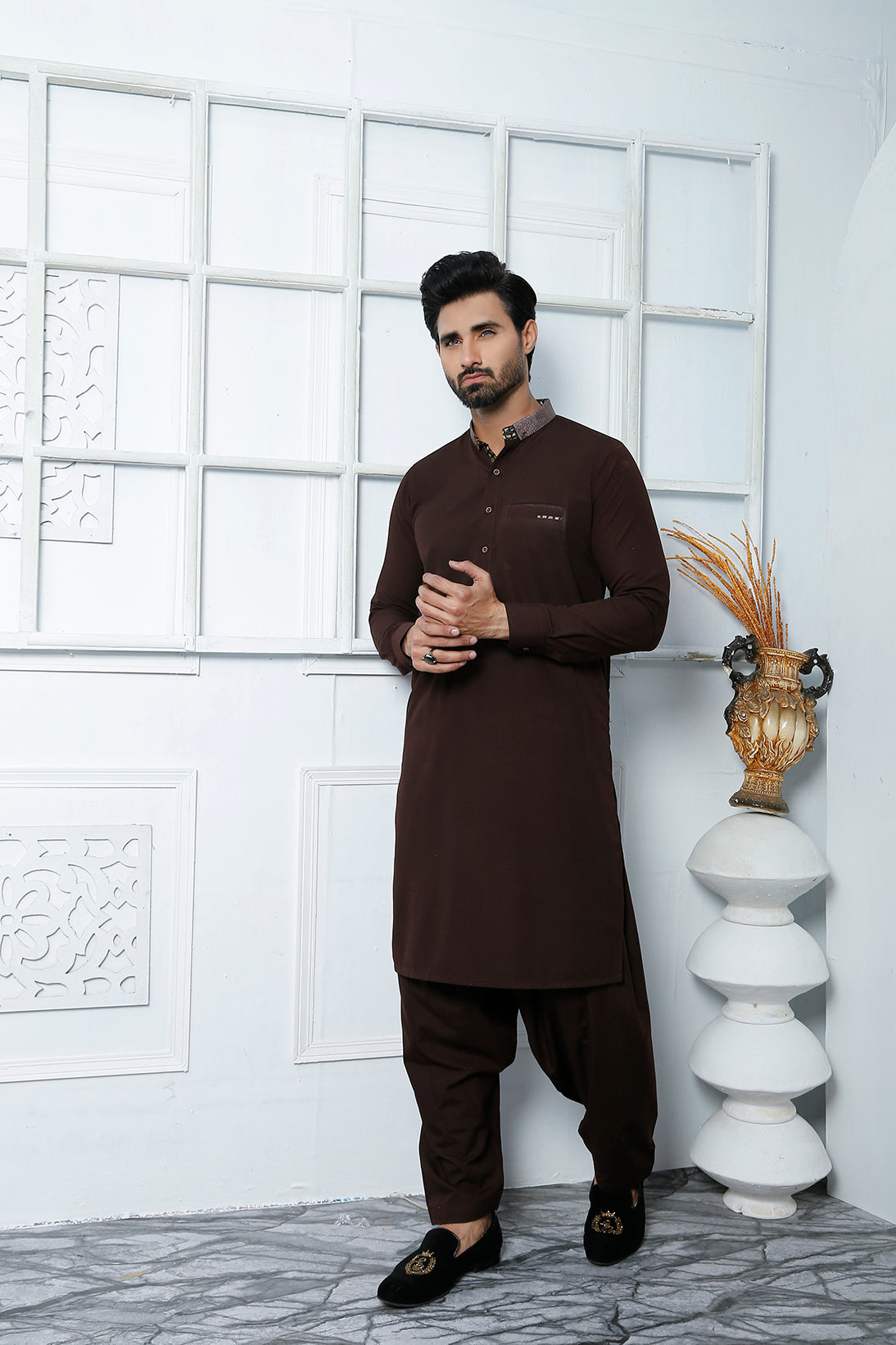 Brown Embellished Poly Viscose Shalwar Kameez (2-Piece) - Image 4