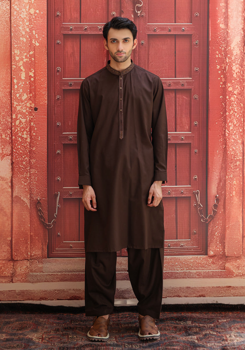 Coffee Brown Embroidered Poly Viscose Shalwar Kameez (2-Piece) - Image 1