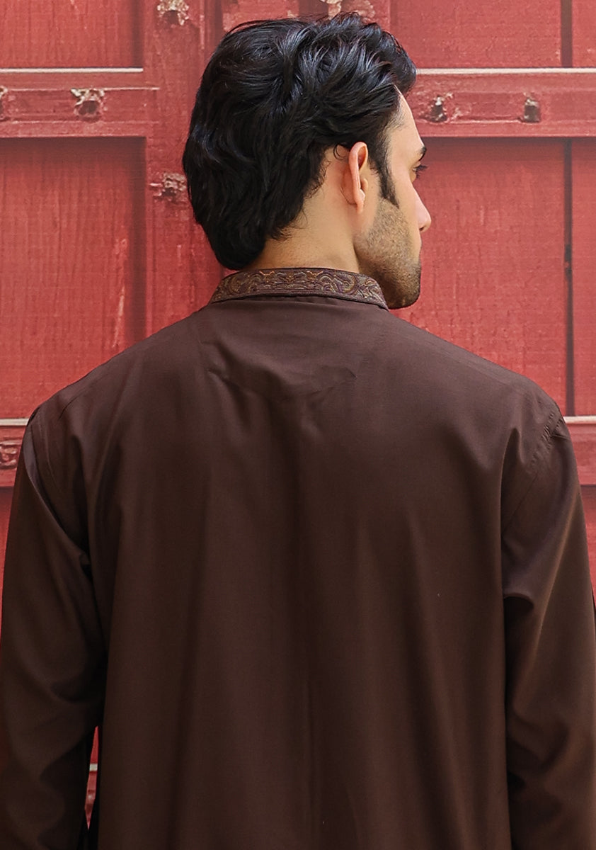 Coffee Brown Embroidered Poly Viscose Shalwar Kameez (2-Piece) - Image 2