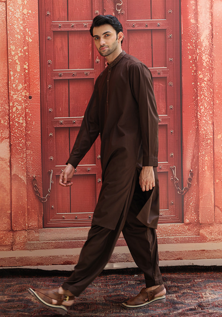 Coffee Brown Embroidered Poly Viscose Shalwar Kameez (2-Piece) - Image 3