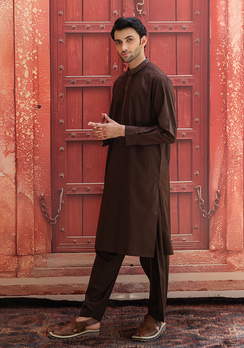 Coffee Brown Embroidered Poly Viscose Shalwar Kameez (2-Piece) - Image 4