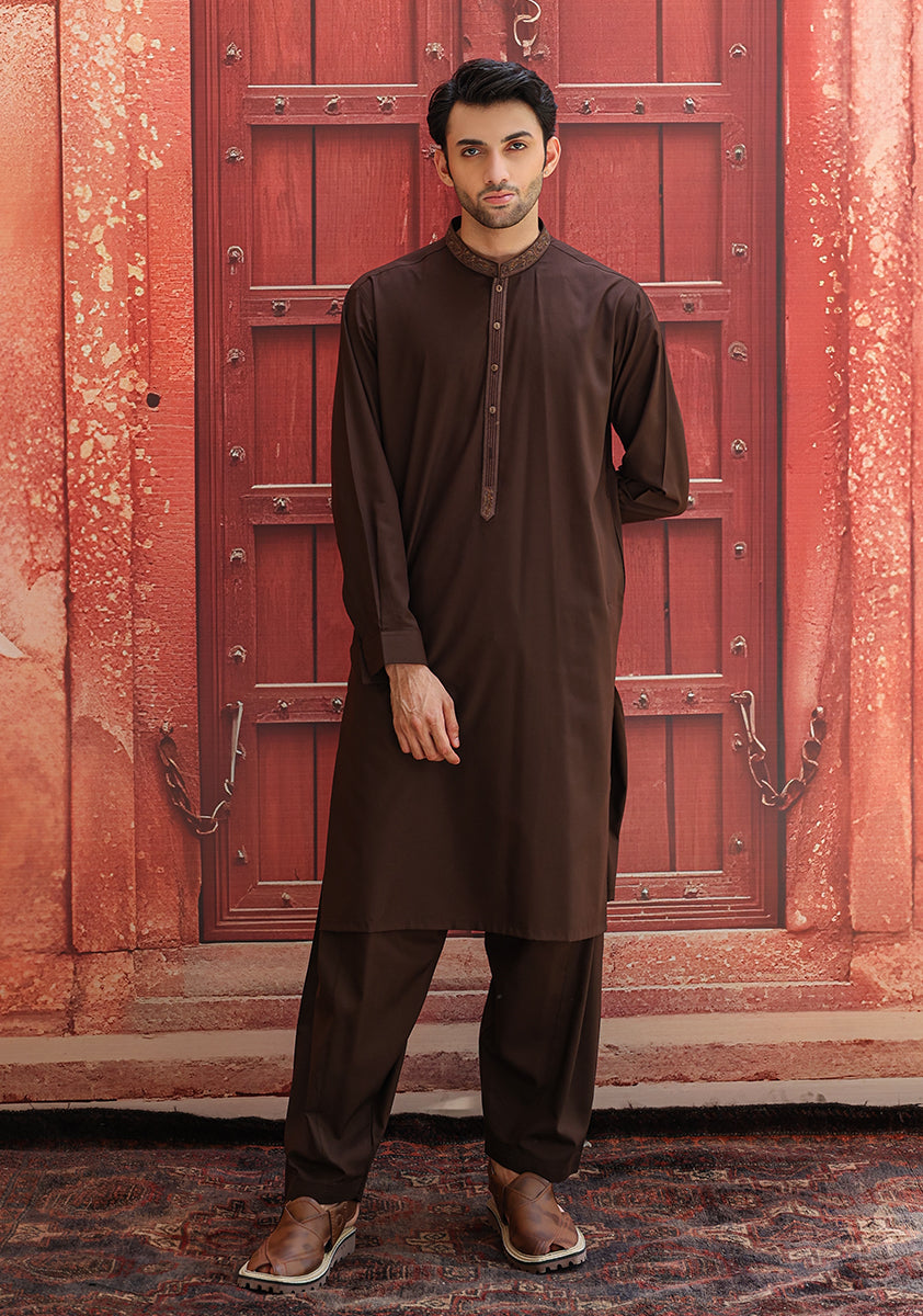 Coffee Brown Embroidered Poly Viscose Shalwar Kameez (2-Piece) - Image 5