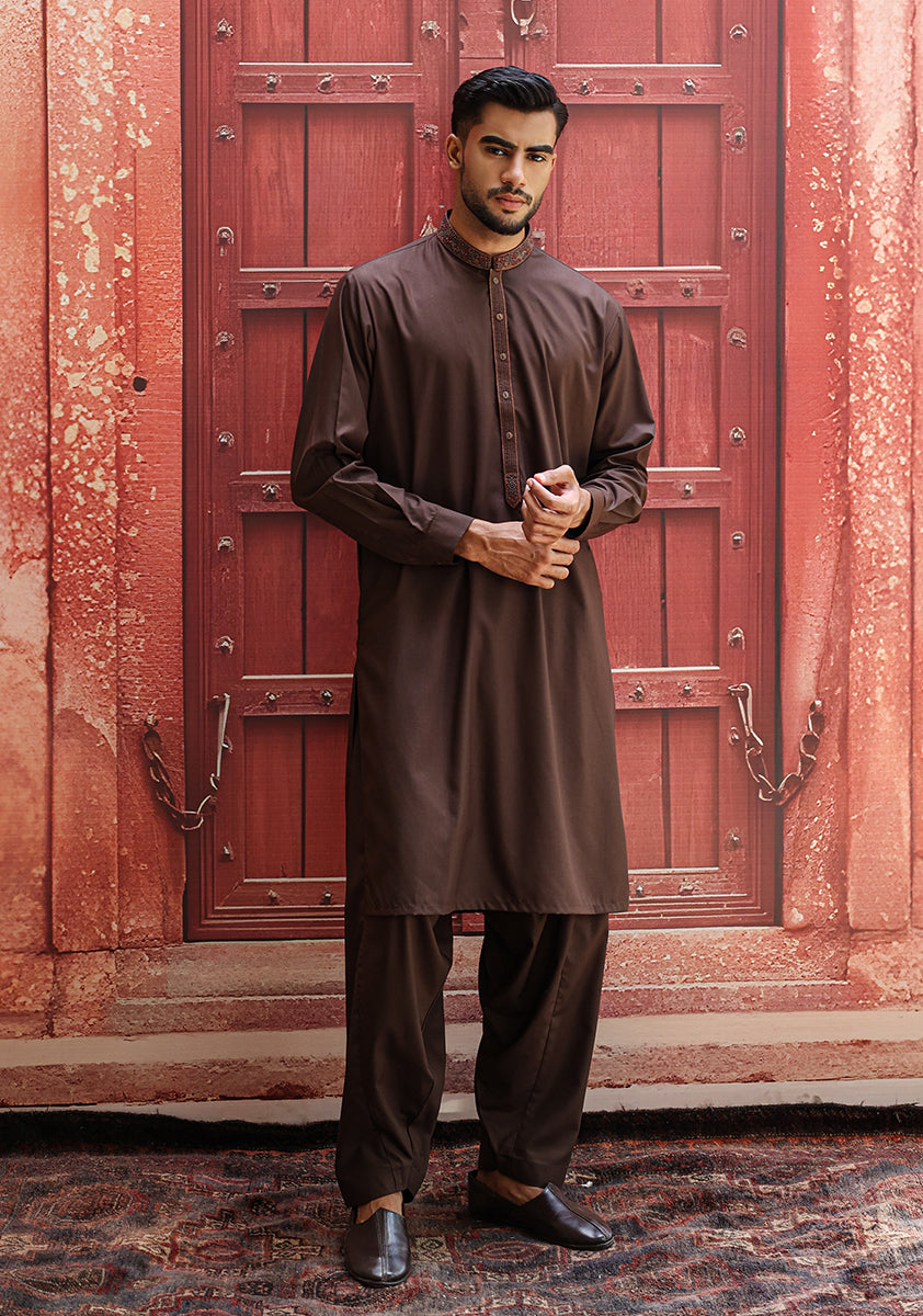 Java Brown Embroidered Poly Viscose Shalwar Kameez (2-Piece) - Image 1