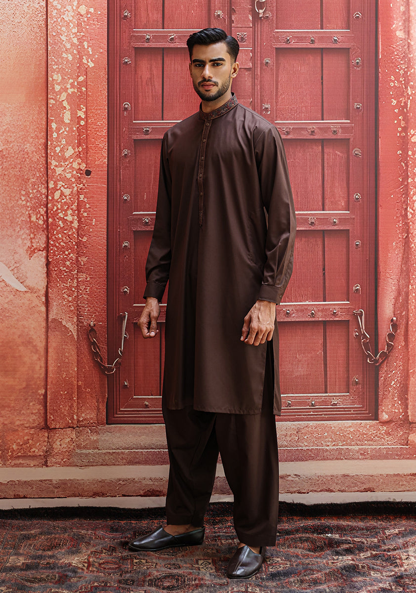 Java Brown Embroidered Poly Viscose Shalwar Kameez (2-Piece) - Image 4
