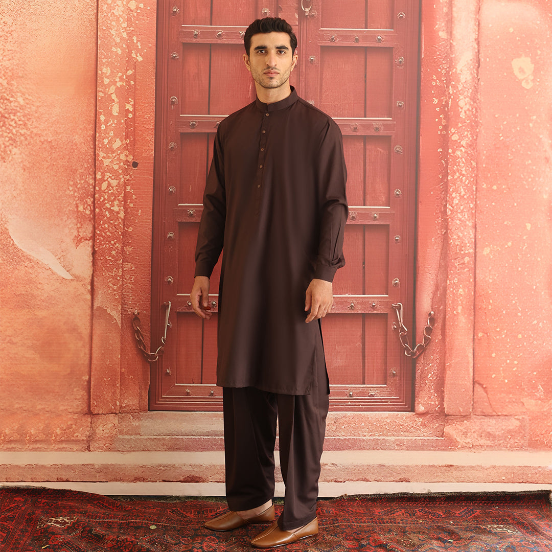 Chocolate Brown Poly Viscose Shalwar Kameez (2-Piece) - Image 2