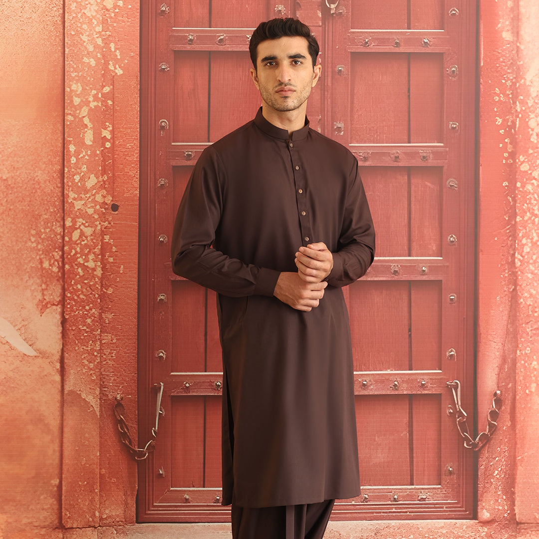Chocolate Brown Poly Viscose Shalwar Kameez (2-Piece) - Image 3