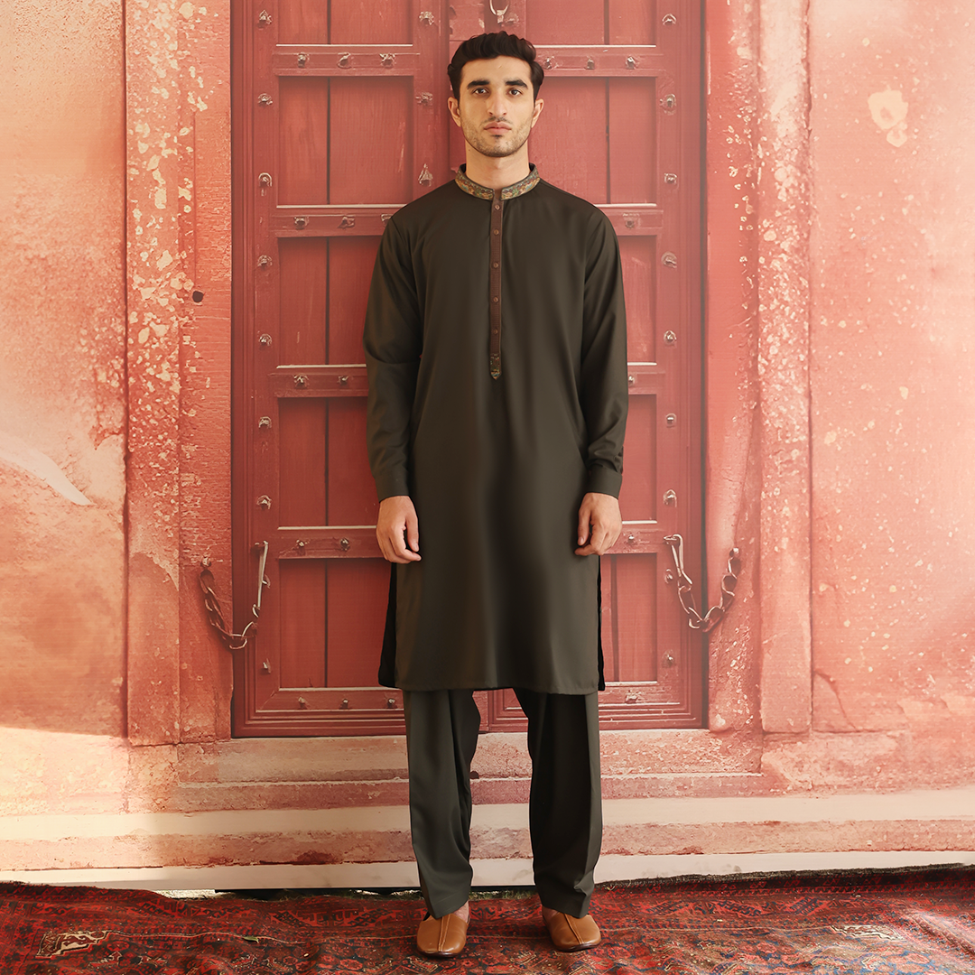 Deep Tarmac Embroidered Poly Viscose Shalwar Kameez (2-Piece) - Image 1