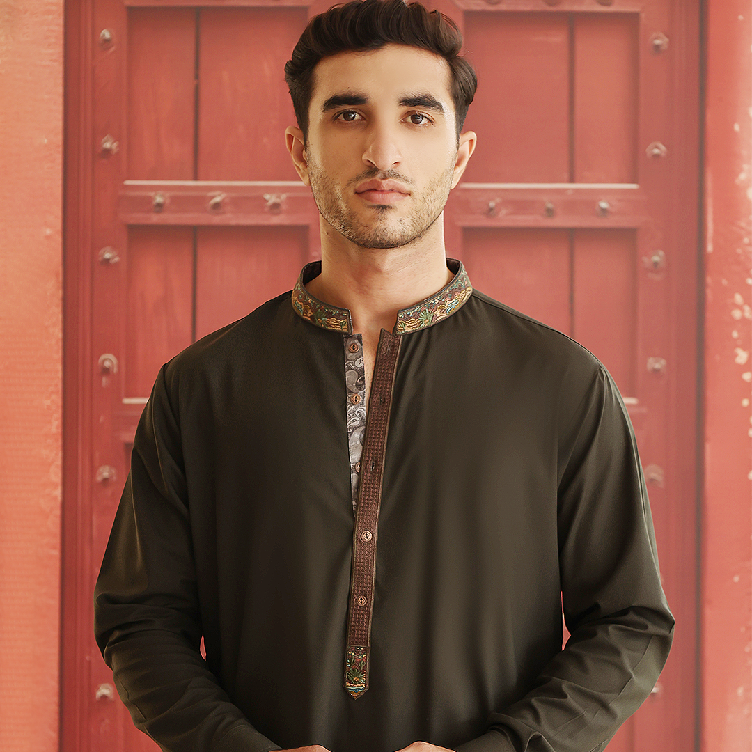 Deep Tarmac Embroidered Poly Viscose Shalwar Kameez (2-Piece) - Image 2
