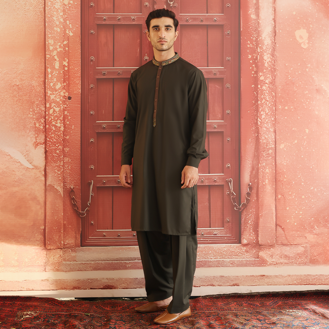 Deep Tarmac Embroidered Poly Viscose Shalwar Kameez (2-Piece) - Image 3