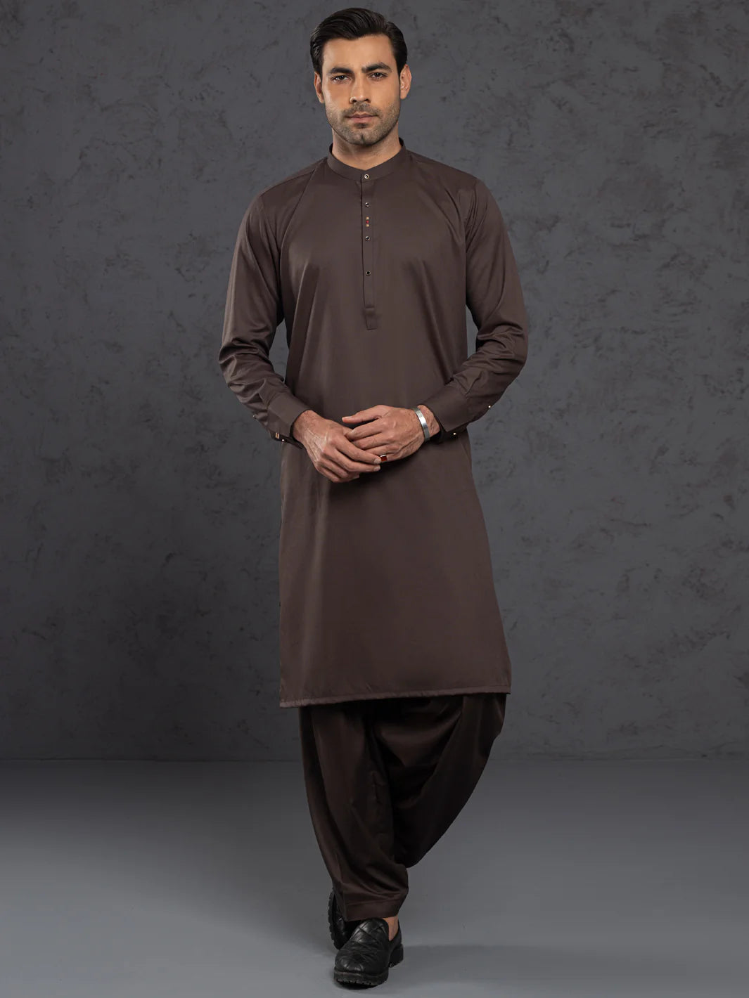 Brown Embroidered Polyester Viscose Shalwar Kameez (2-Piece) - Image 1