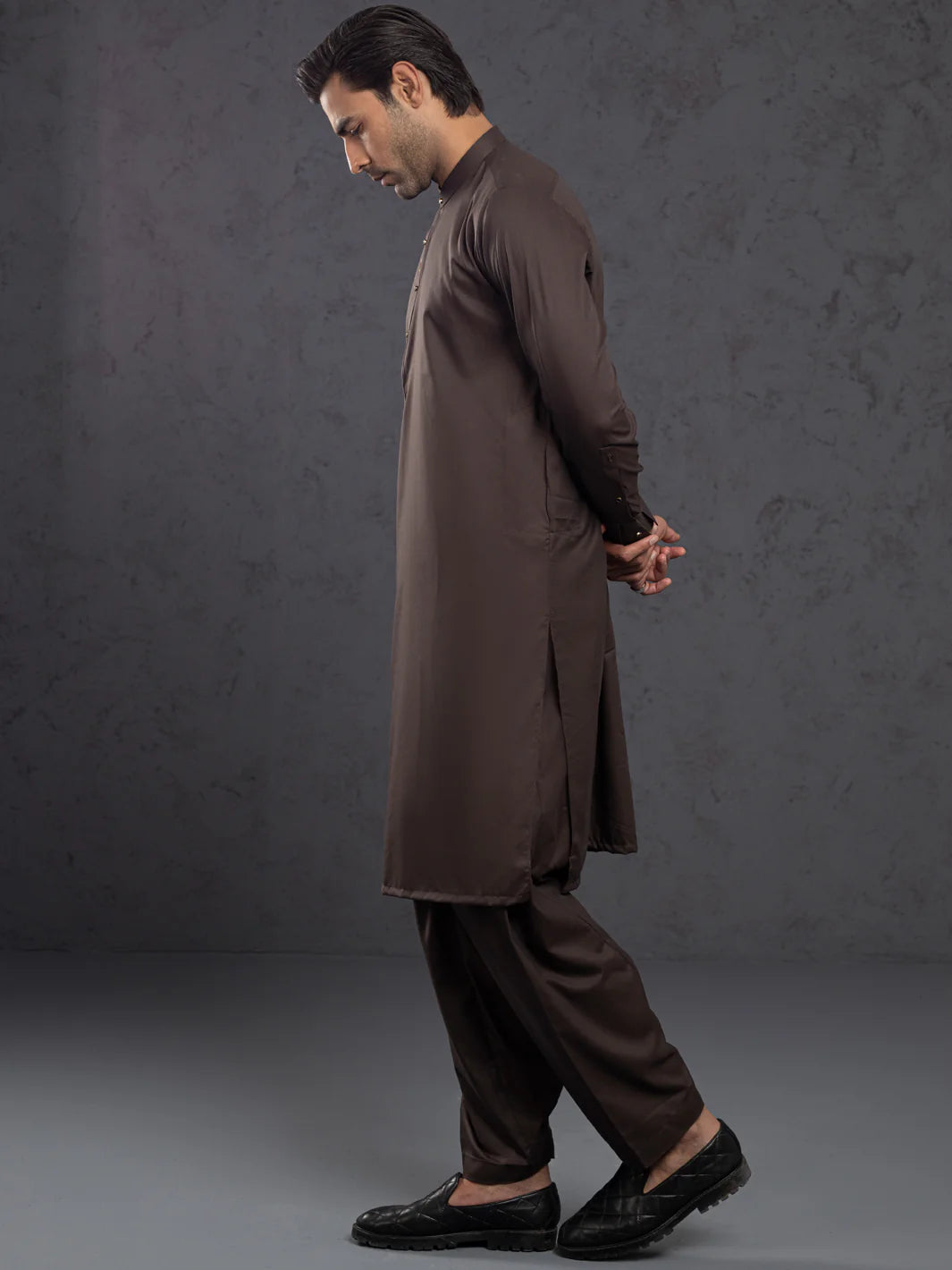 Brown Embroidered Polyester Viscose Shalwar Kameez (2-Piece) - Image 3