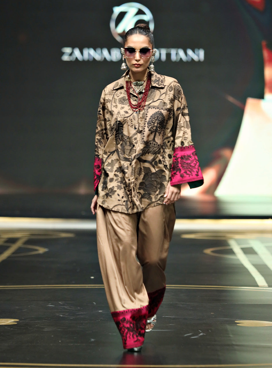 Pakistani Coffee Kantha Embroidered Raw Silk Shalwar Kameez (2-Piece) - Image 1