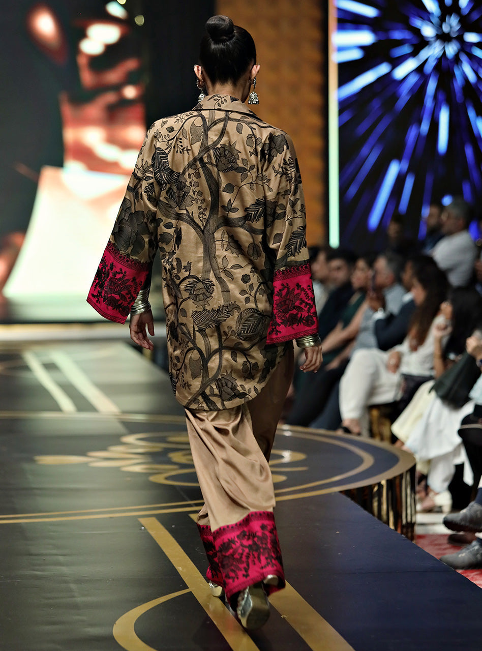 Pakistani Coffee Kantha Embroidered Raw Silk Shalwar Kameez (2-Piece) - Image 2