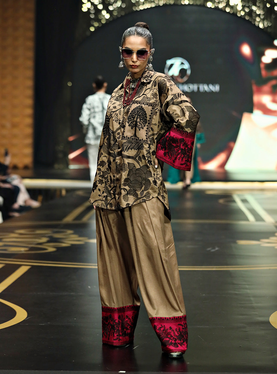 Pakistani Coffee Kantha Embroidered Raw Silk Shalwar Kameez (2-Piece) - Image 3