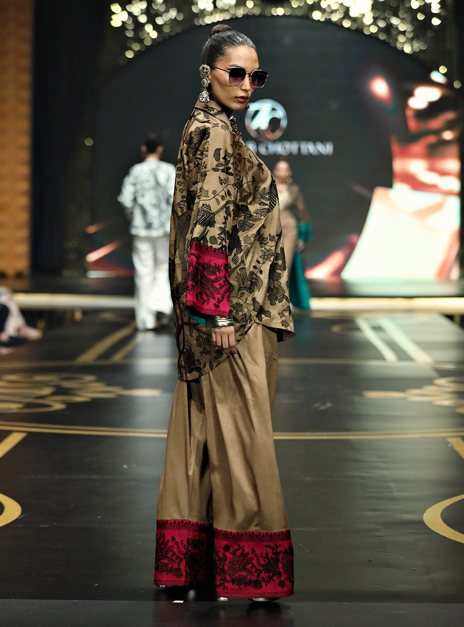 Pakistani Coffee Kantha Embroidered Raw Silk Shalwar Kameez (2-Piece) - Image 4