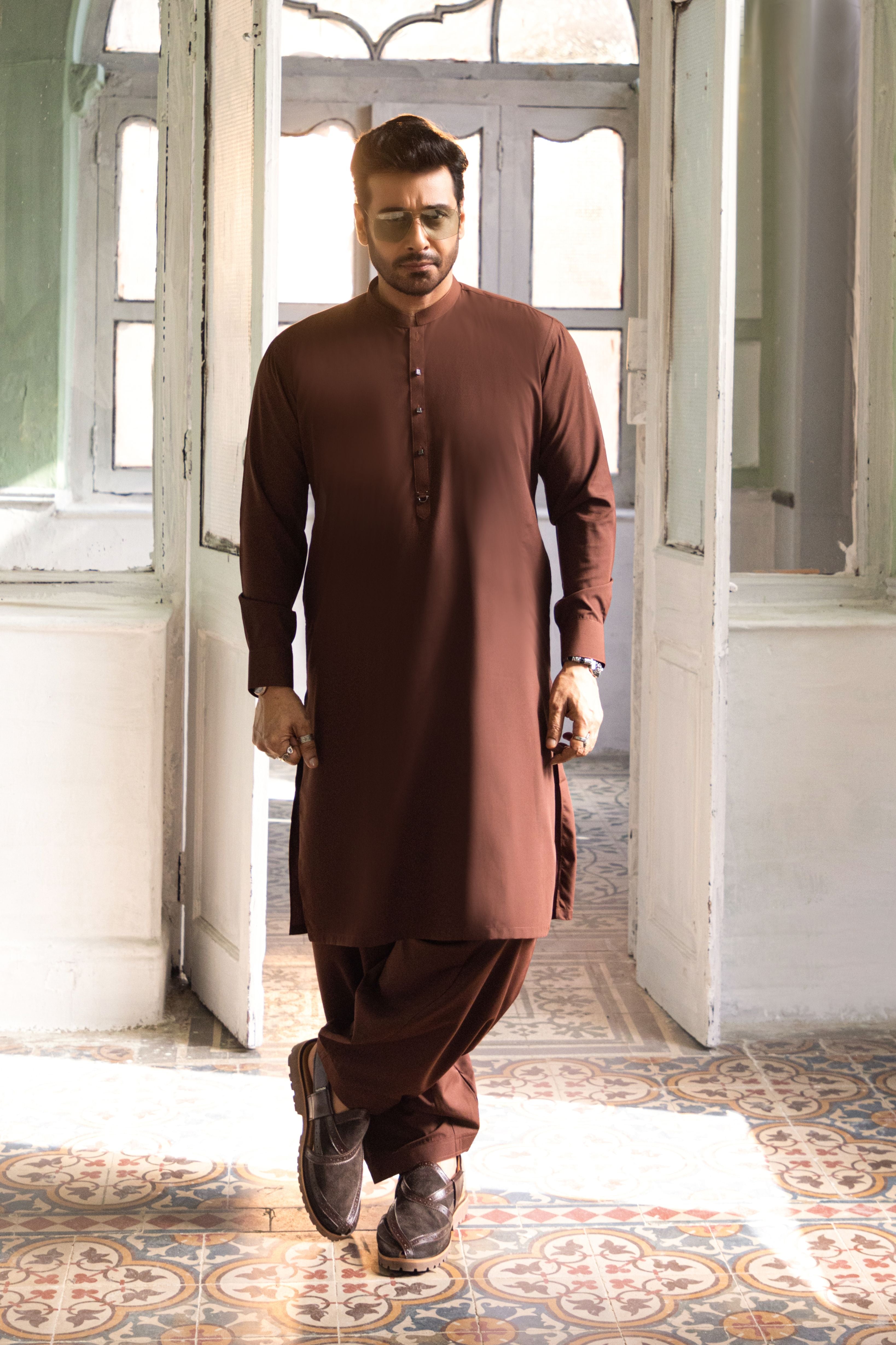 Rusty Brown Wash & Wear Blended Shalwar Kameez (2-Piece) - Image 1