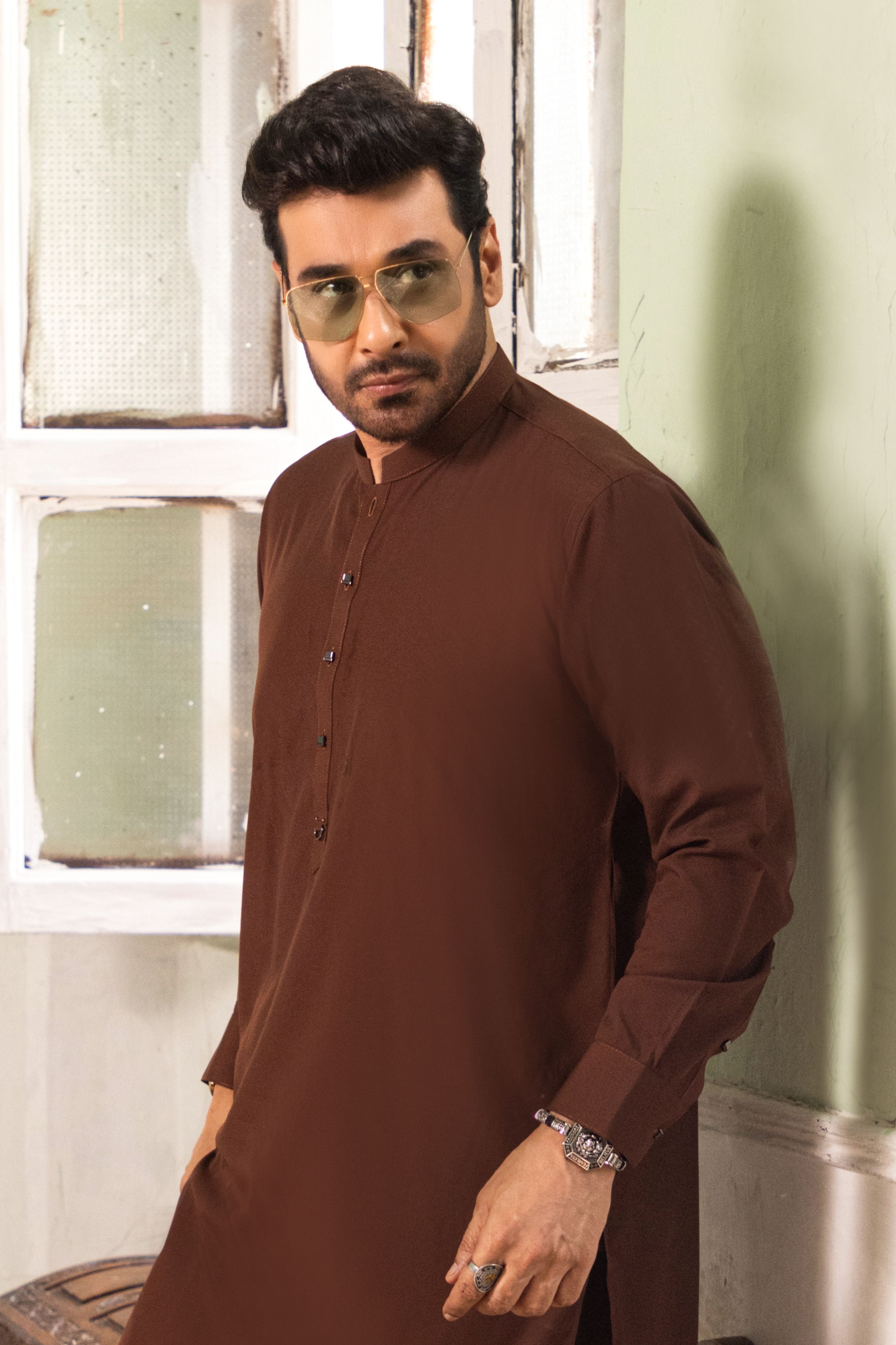 Rusty Brown Wash & Wear Blended Shalwar Kameez (2-Piece) - Image 2