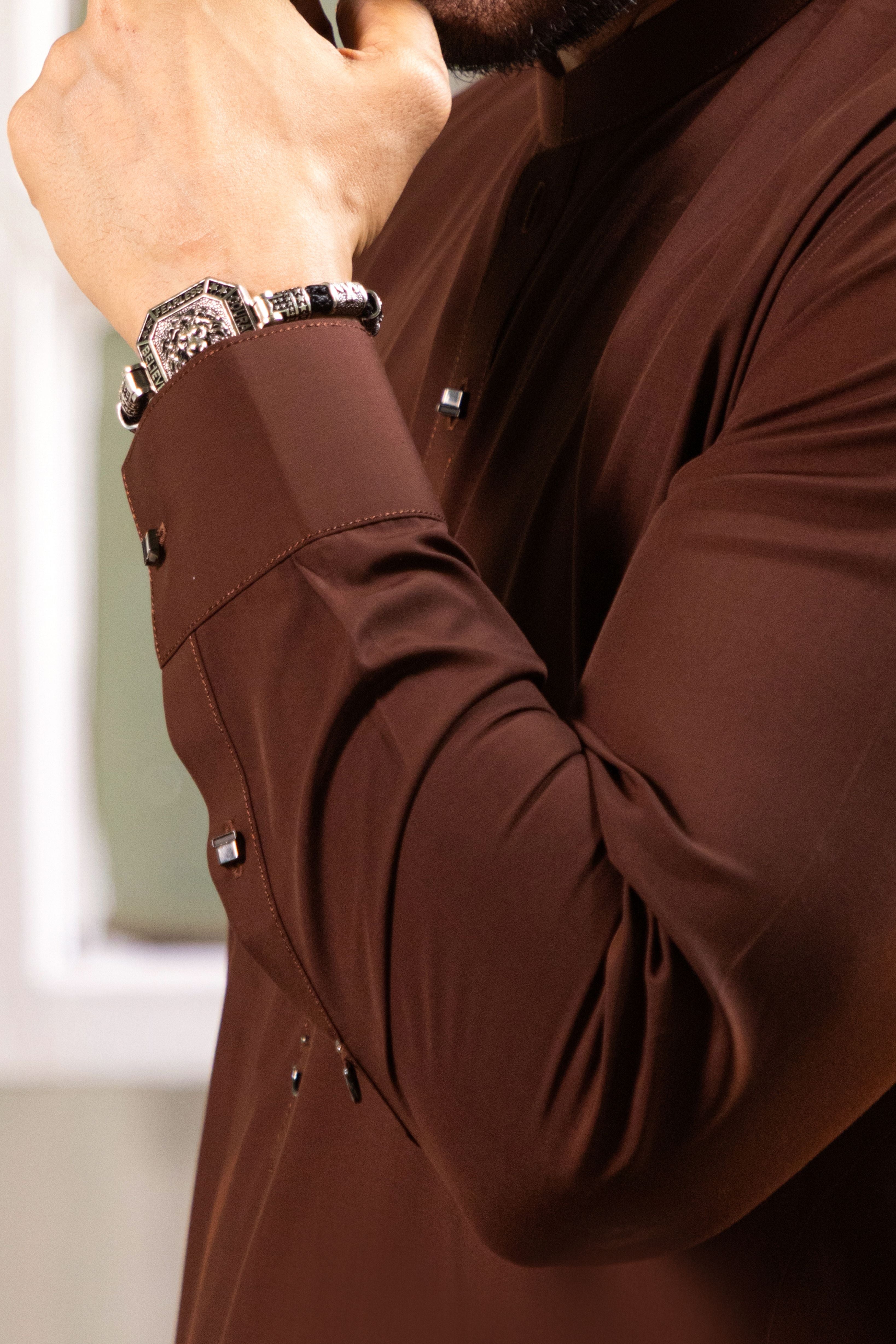 Rusty Brown Wash & Wear Blended Shalwar Kameez (2-Piece) - Image 3