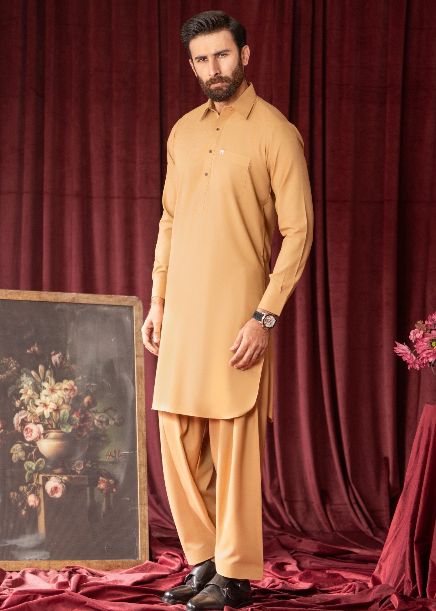 Camel Brown Wash & Wear Shalwar Kameez (2-Piece) - Image 2