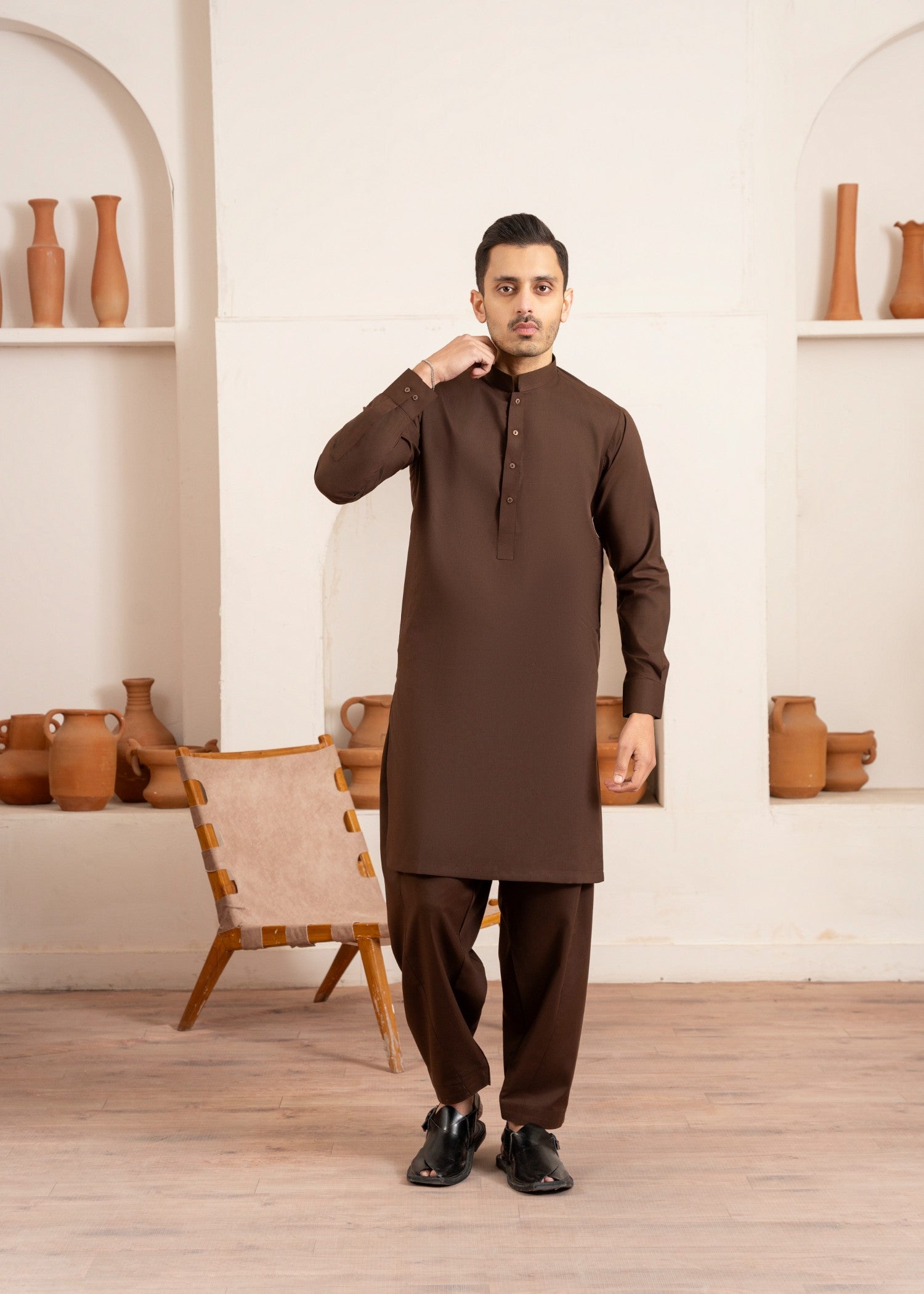Dark Brown Wash & Wear Shalwar Kameez (2-Piece) - Image 1