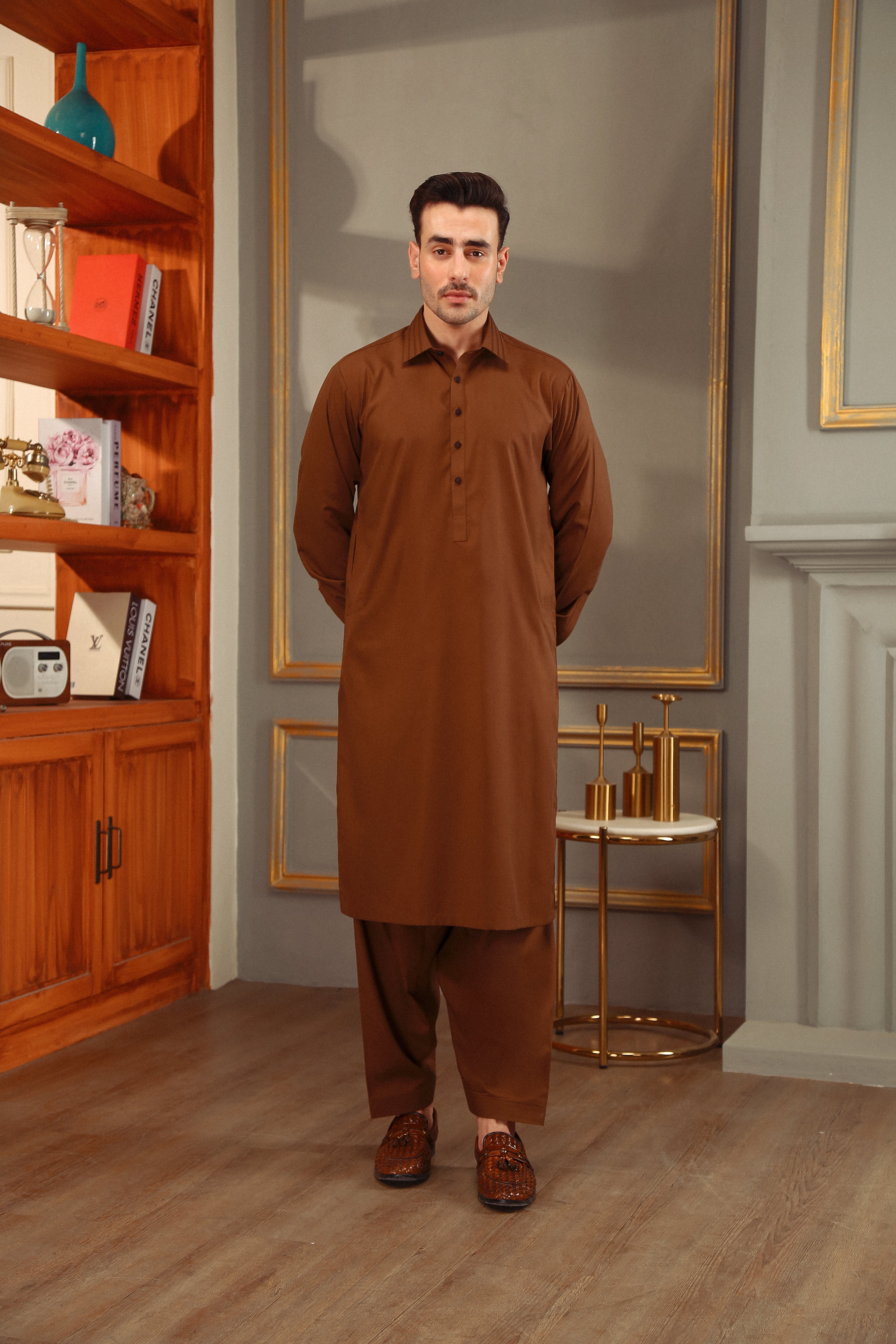 Brown Stitch Detailed Wash & Wear Shalwar Kameez (2-Piece) - Image 1