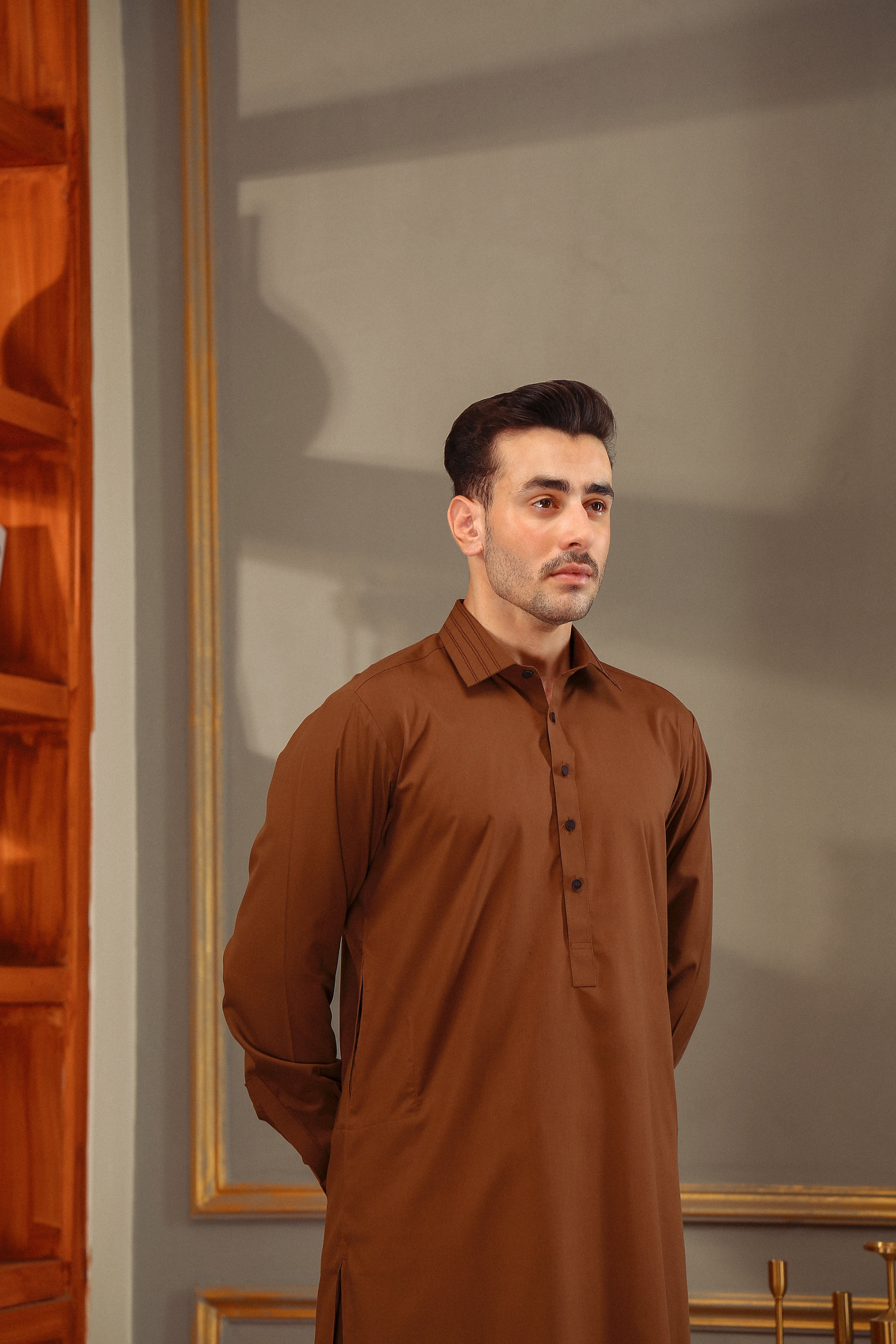 Brown Stitch Detailed Wash & Wear Shalwar Kameez (2-Piece) - Image 3