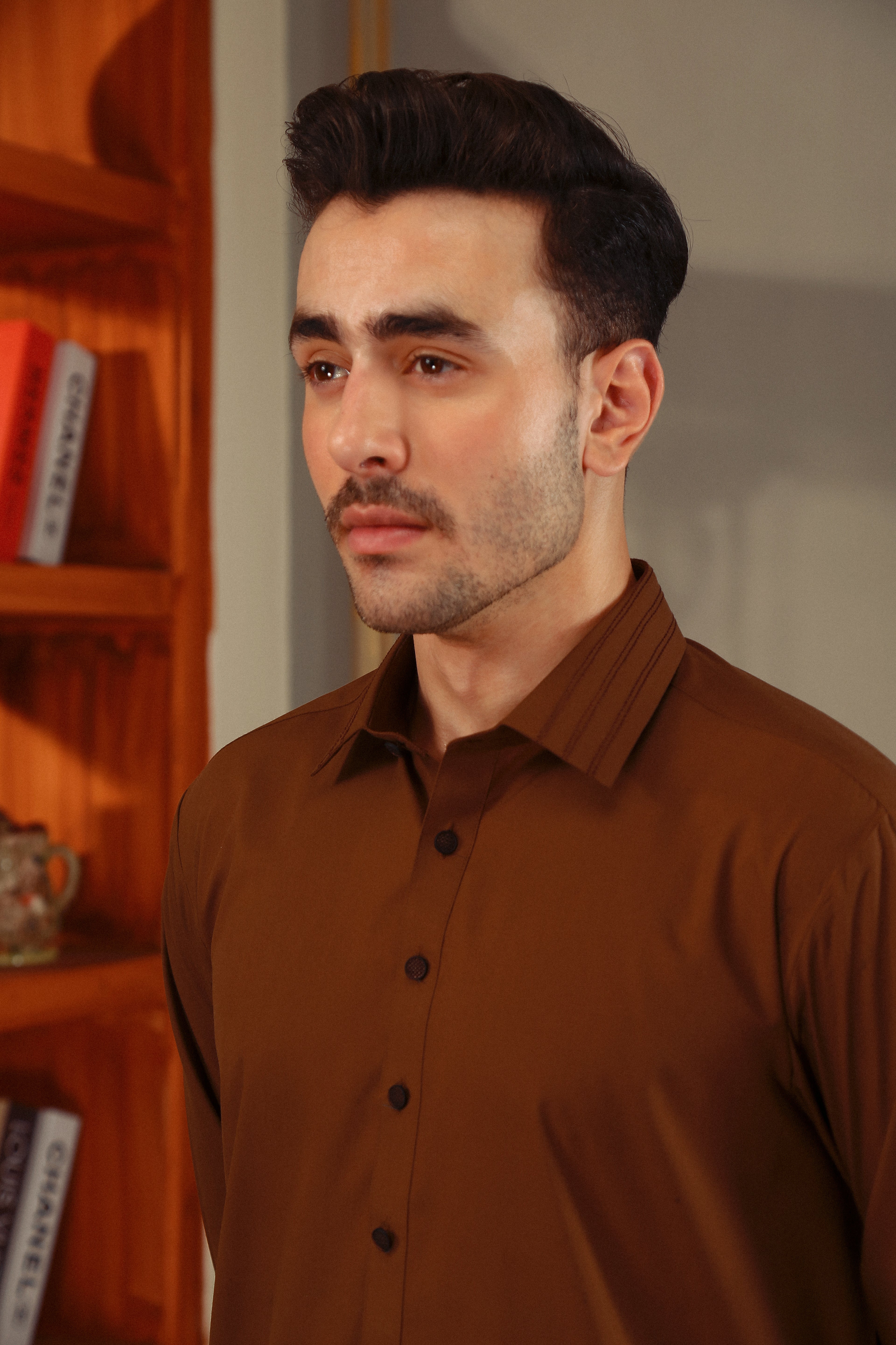 Brown Stitch Detailed Wash & Wear Shalwar Kameez (2-Piece) - Image 4