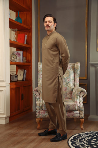 Earthy Brown Cut-and-Sew Wash & Wear Shalwar Kameez (2-Piece) - Image 3