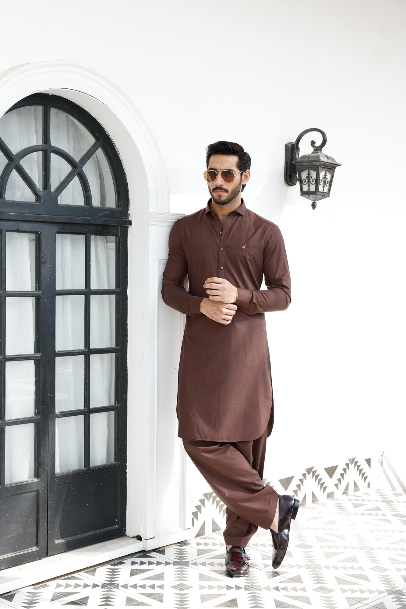 Brown Textured Wash & Wear Shalwar Kameez (2-Piece) - Image 2