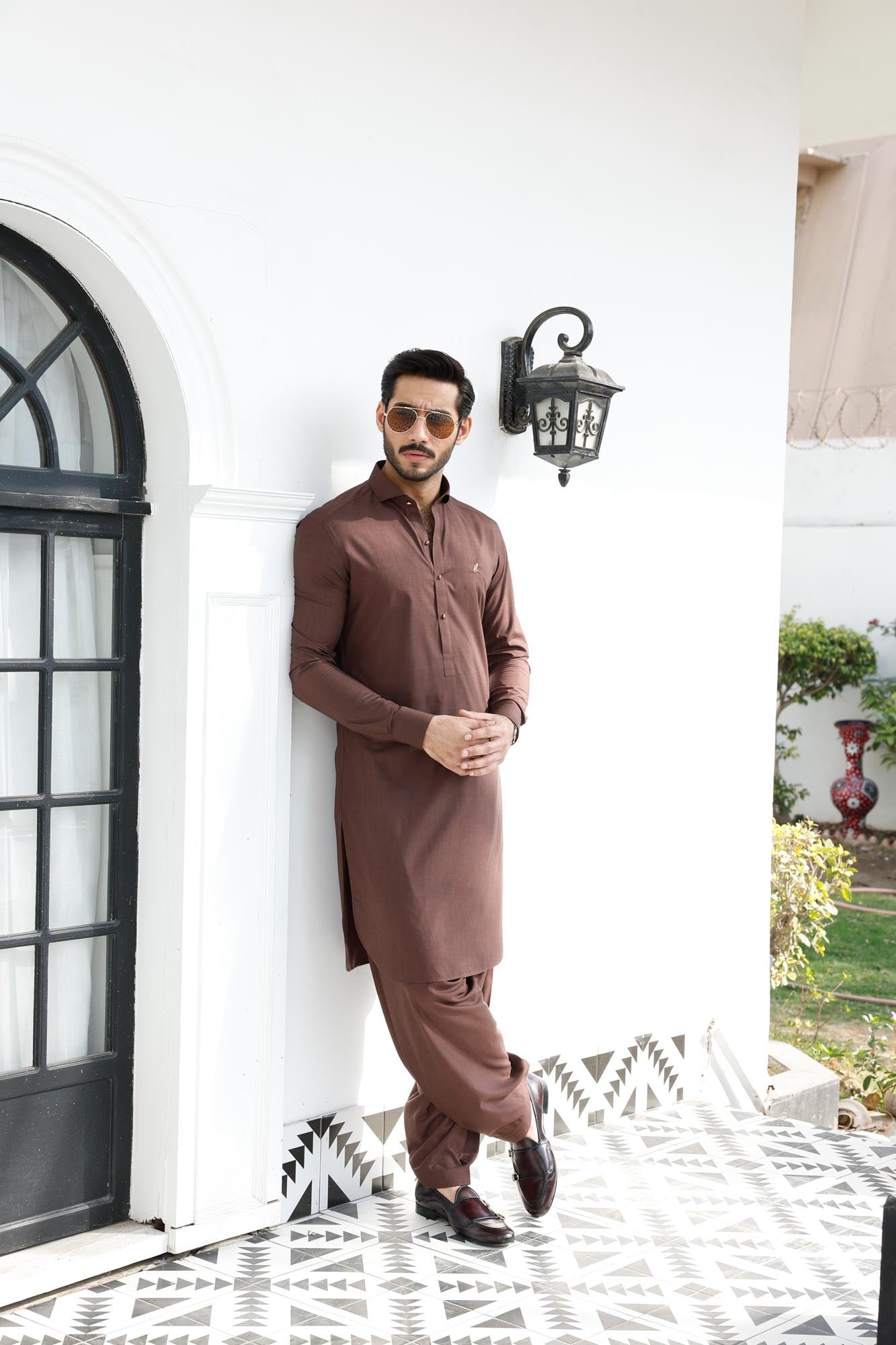 Brown Textured Wash & Wear Shalwar Kameez (2-Piece) - Image 3