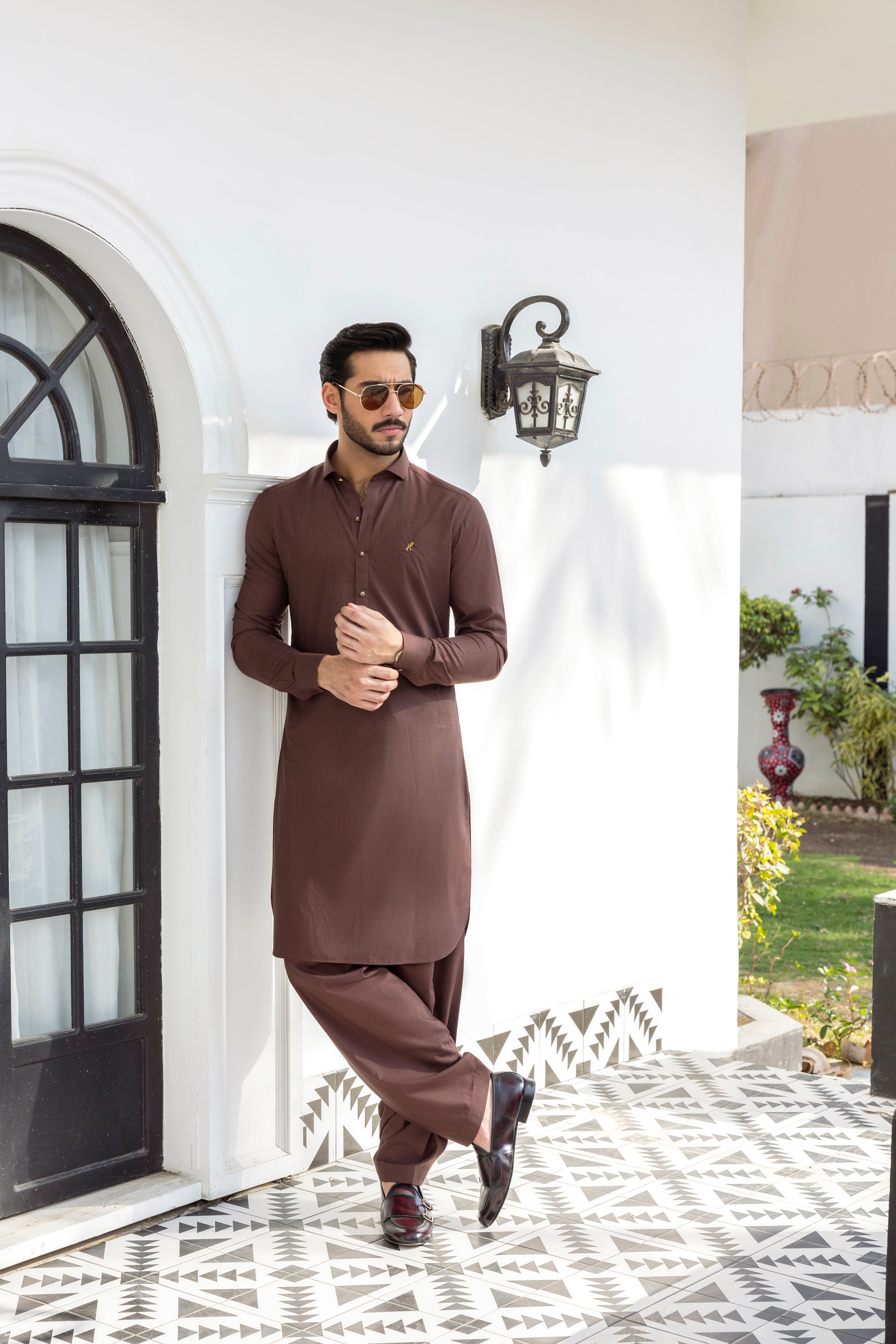 Brown Textured Wash & Wear Shalwar Kameez (2-Piece) - Image 5