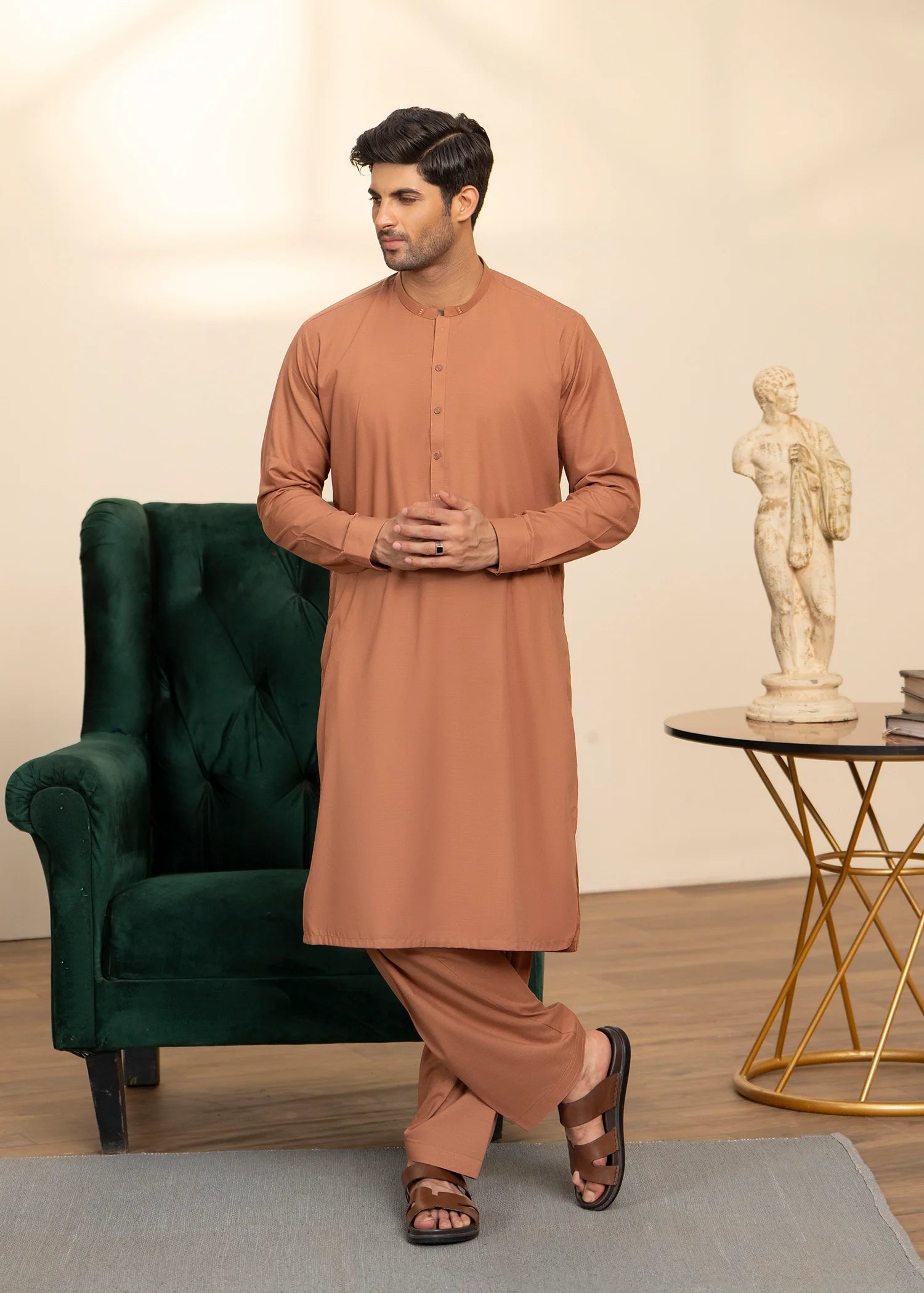 Sand Brown Wash & Wear Shalwar Kameez (2-Piece) - Image 1