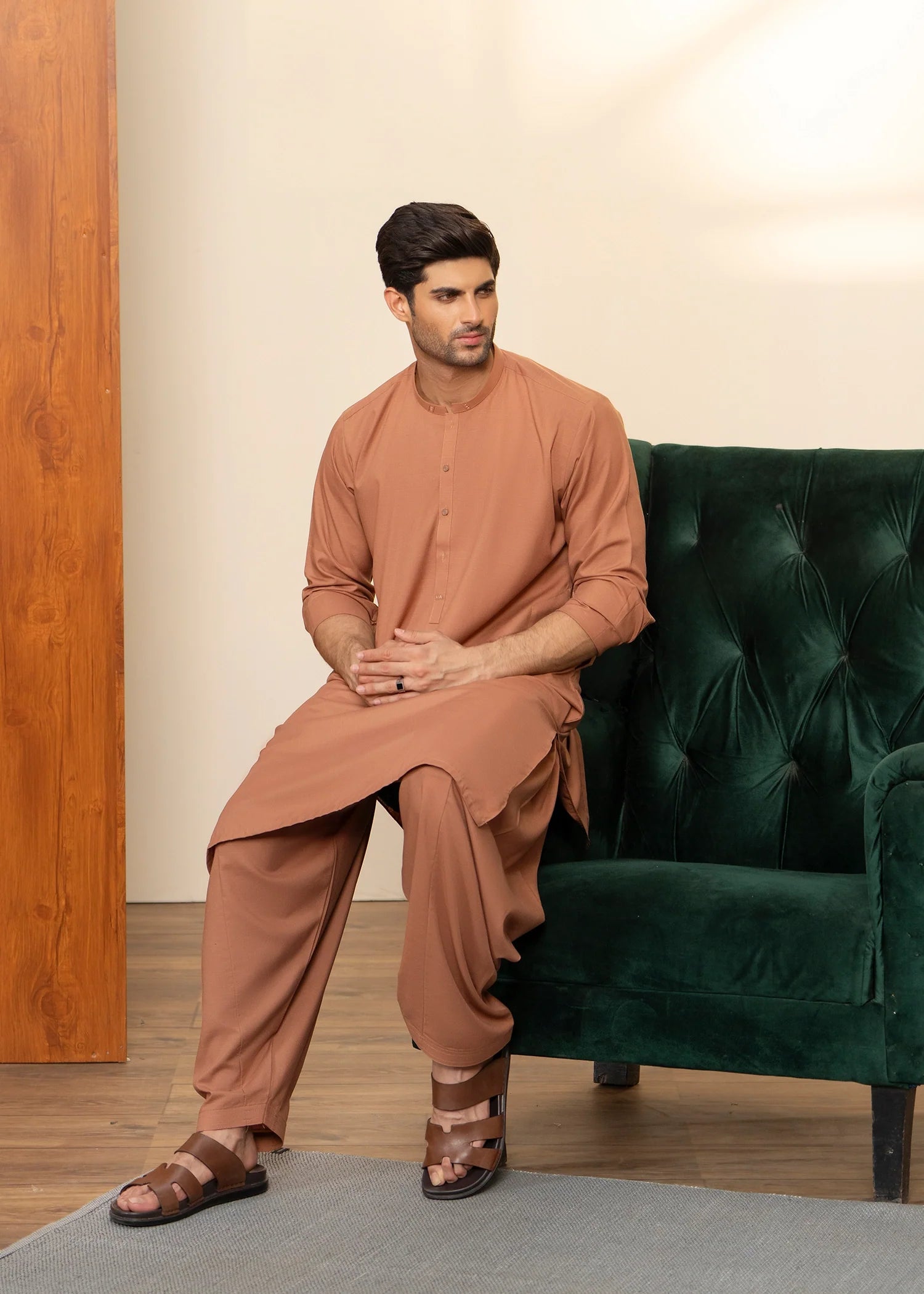 Sand Brown Wash & Wear Shalwar Kameez (2-Piece) - Image 2