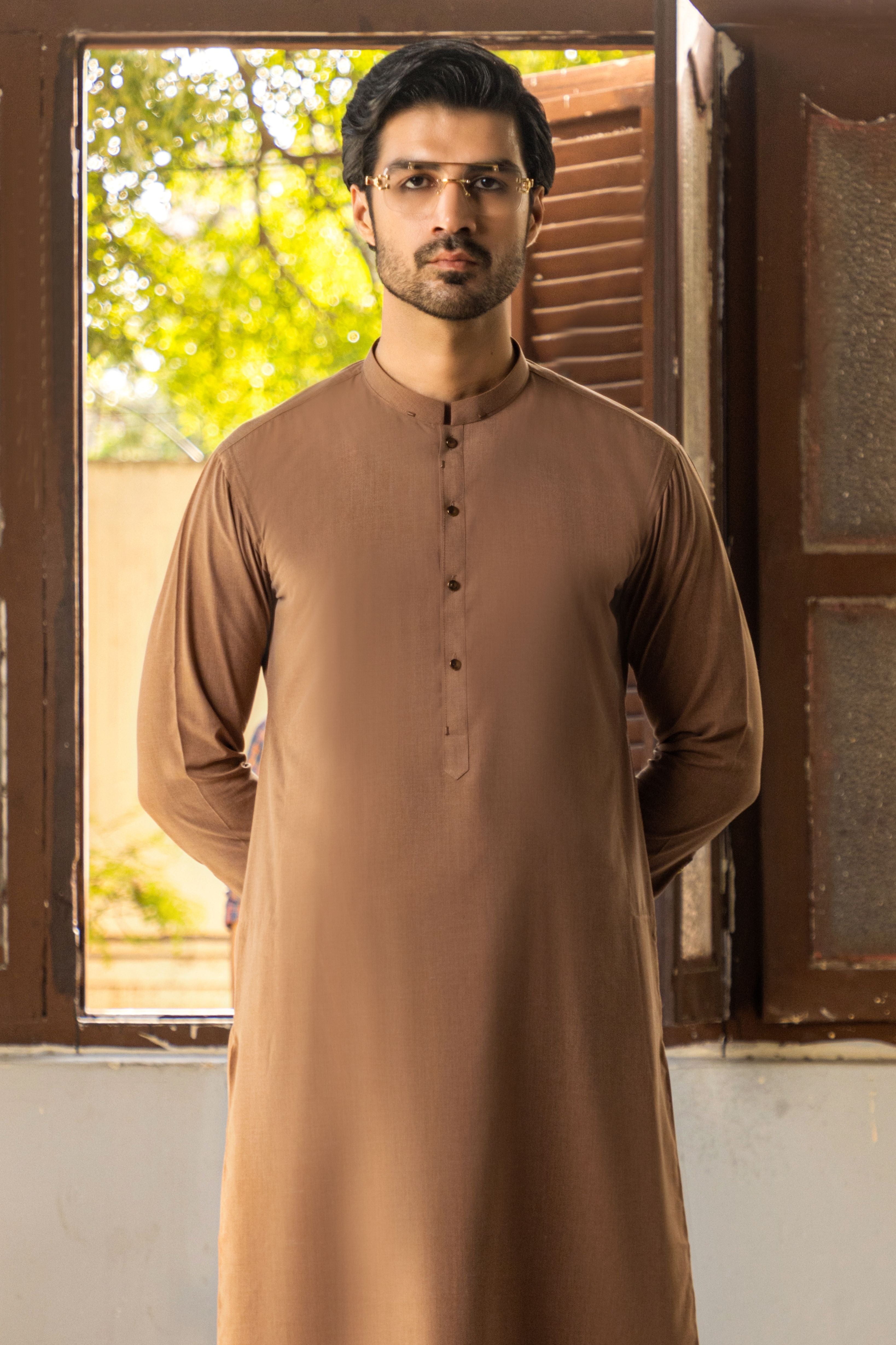 Caramel Brown Wash & Wear Shalwar Kameez (2-Piece) - Image 1