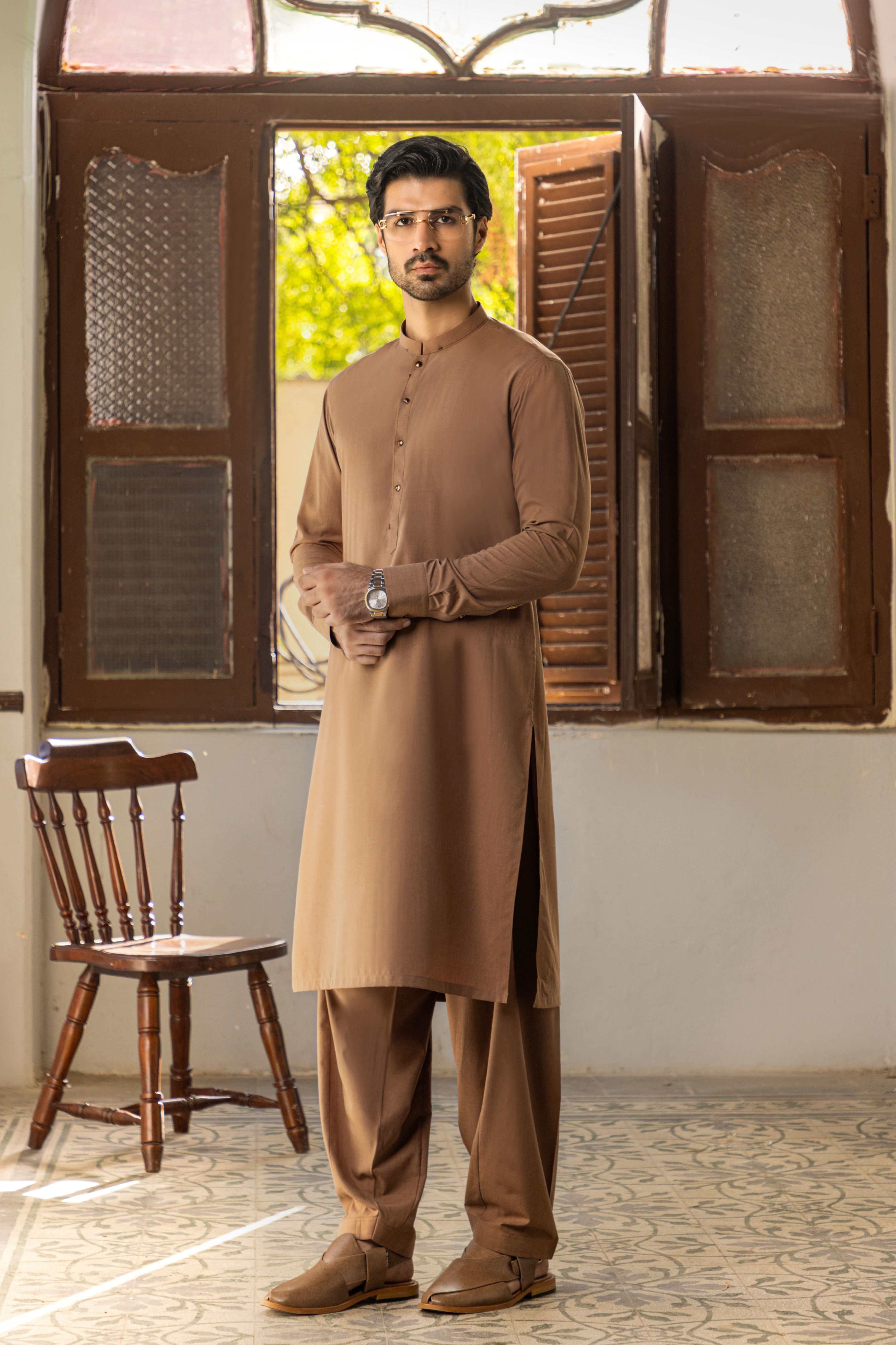 Caramel Brown Wash & Wear Shalwar Kameez (2-Piece) - Image 3