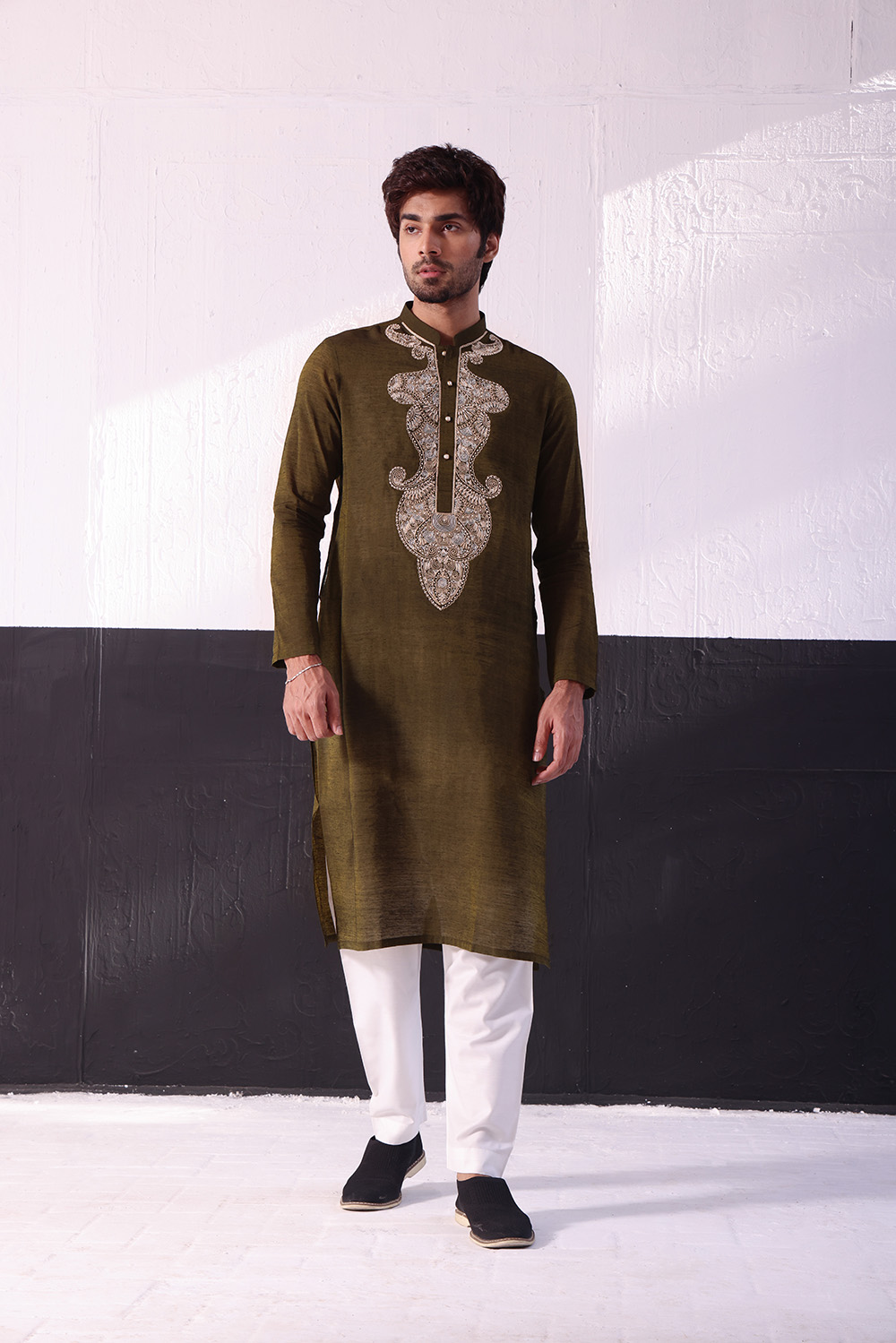 Coffee Brown Hand-Embroidered Cotton Kurta (2-Piece) - Image 1