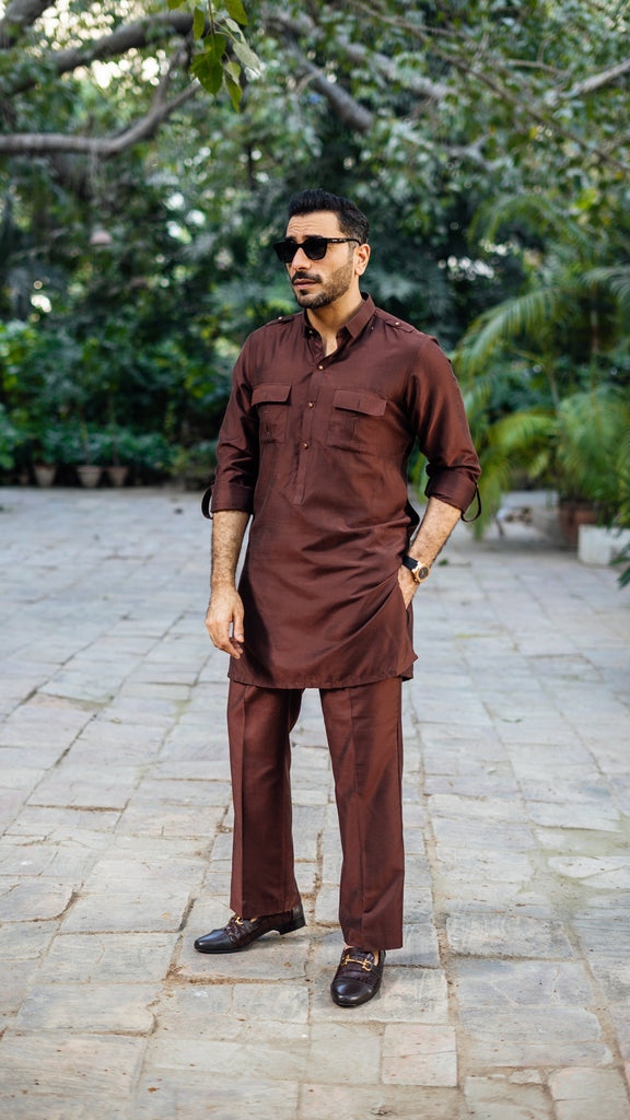 Brown Contrast Detailed Cotton-Silk Pathani Suit (2-Piece) - Image 1
