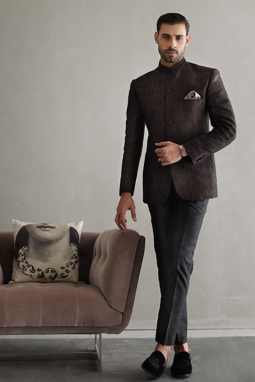 Brown Embroidered Jamawar Prince Coat (2-Piece) - Image 1