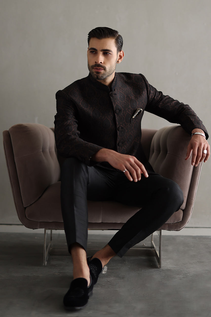 Brown Embroidered Jamawar Prince Coat (2-Piece) - Image 2