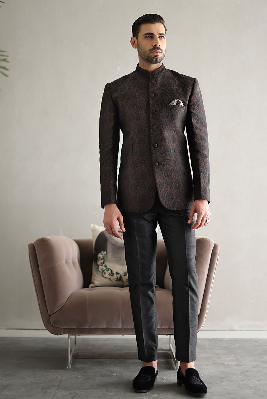 Brown Embroidered Jamawar Prince Coat (2-Piece) - Image 3