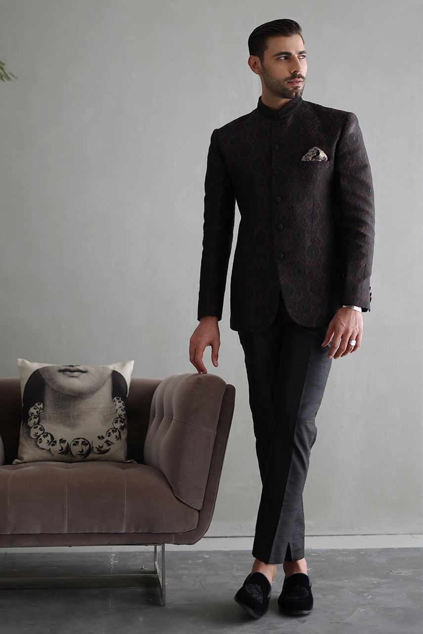 Brown Embroidered Jamawar Prince Coat (2-Piece) - Image 4