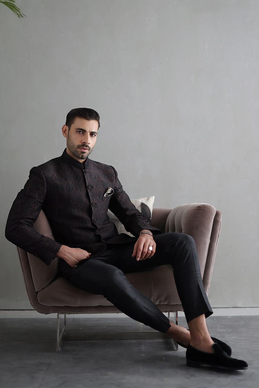 Brown Embroidered Jamawar Prince Coat (2-Piece) - Image 5