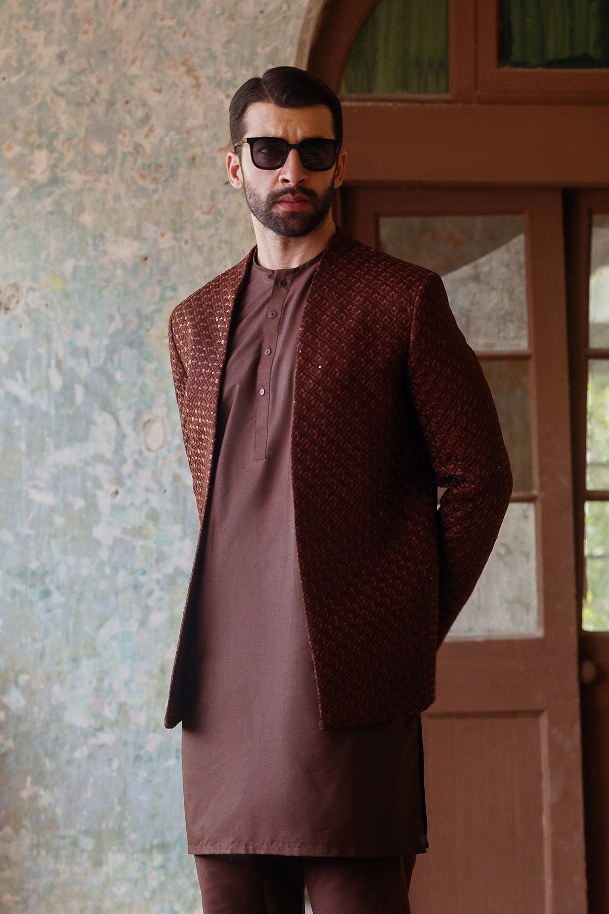 Brown Embroidered Silk-Blend Prince Coat (3-Piece) - Image 1