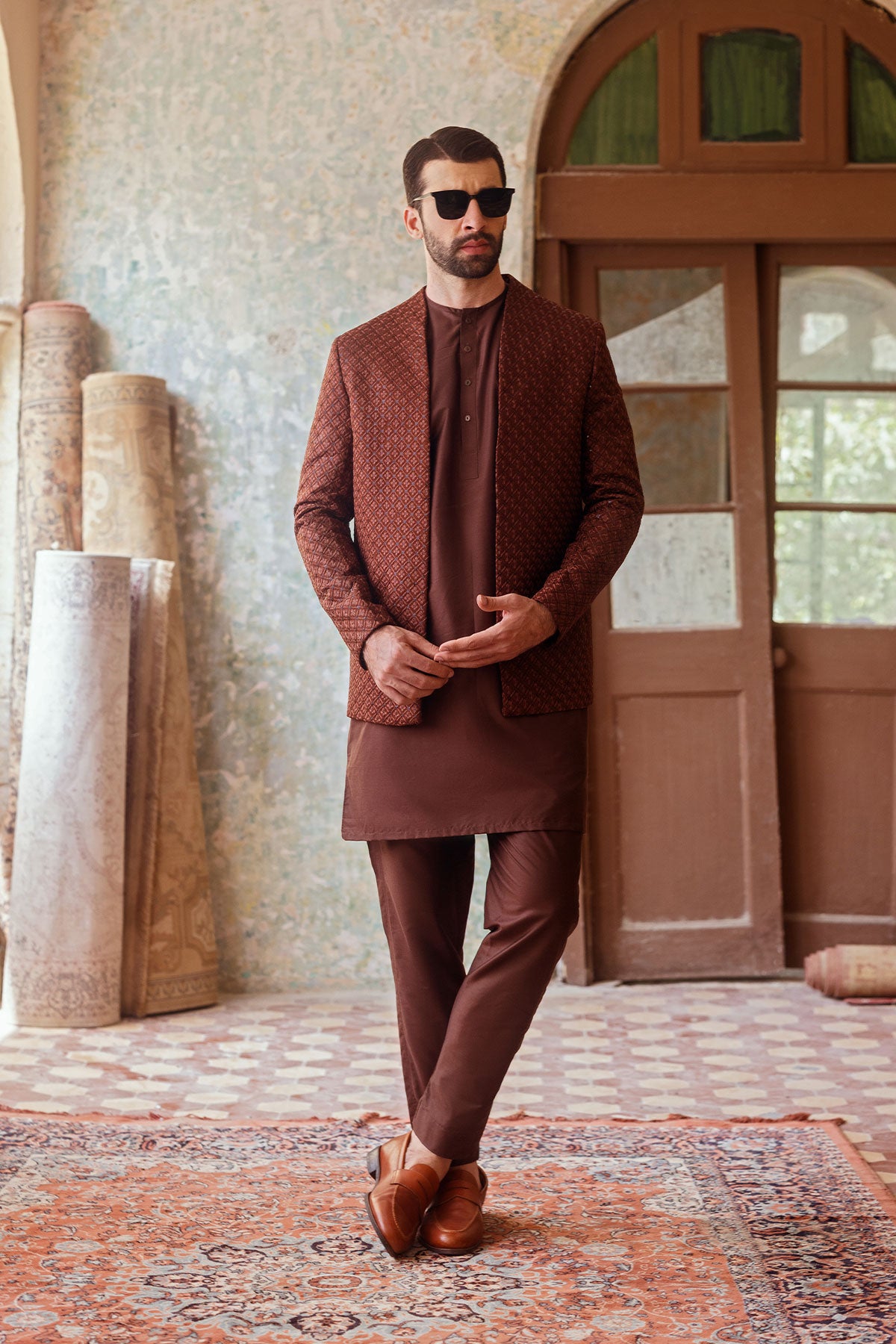 Brown Embroidered Silk-Blend Prince Coat (3-Piece) - Image 2