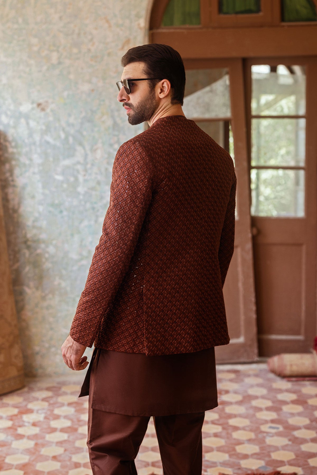 Brown Embroidered Silk-Blend Prince Coat (3-Piece) - Image 3